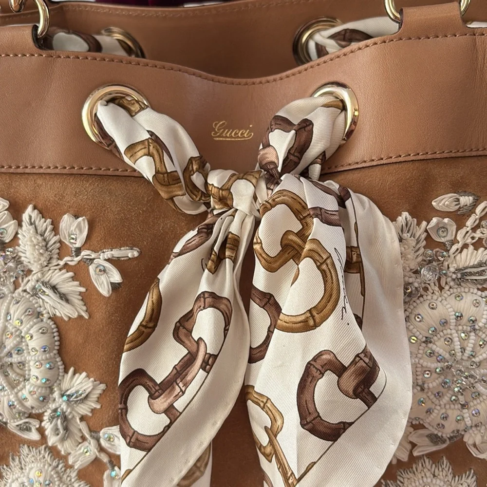 GUCCI POSITANO Leather Suede Tan Brown White Silver Gold Beaded Bag Rare Luxury - Picture 4 of 14